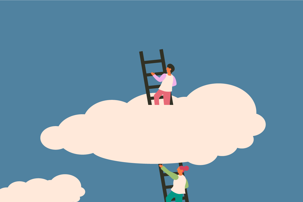 Teaser Image, two illustrated people taking steps on a ladder through a cloud